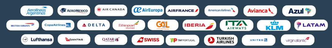 Companhias aéreas parceiras da Skyward: Aerolíneas Argentinas, AeroMexico, Air Canada, Air Europa, Air France, American Airlines, Avianca, Azul, British Airways, Copa Airlines, Delta, Ethiopian Airlines, GOL, Iberia, ITA Airways, KLM, LATAM, Lufthansa, Qantas, Qatar Airways, Swiss, TAP Portugal, Turkish Airlines, United e Virgin Atlantic